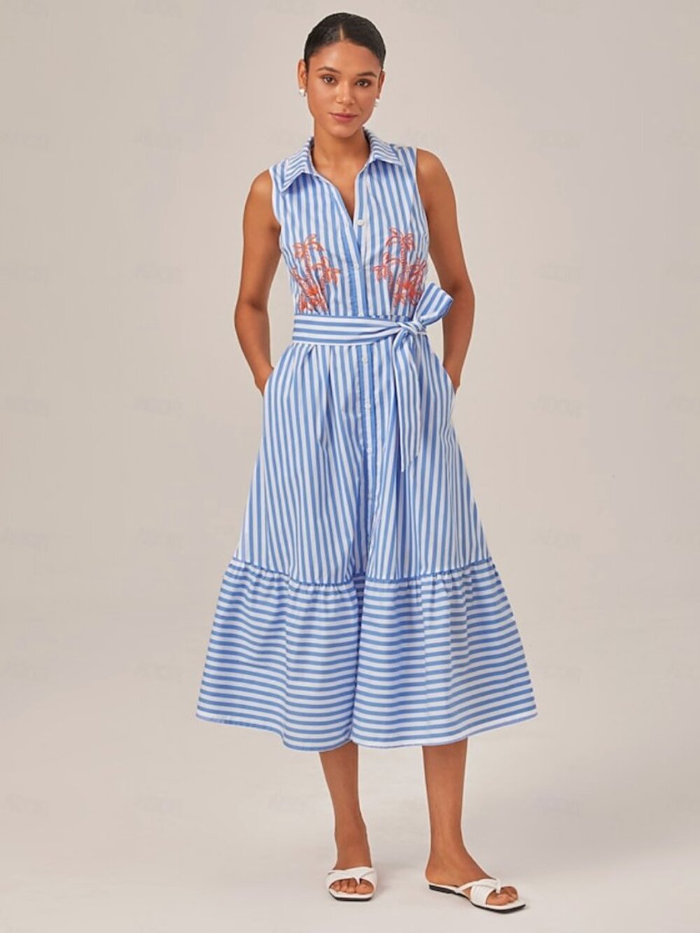 Ador | Summer Striped Embroidered Midi Dress